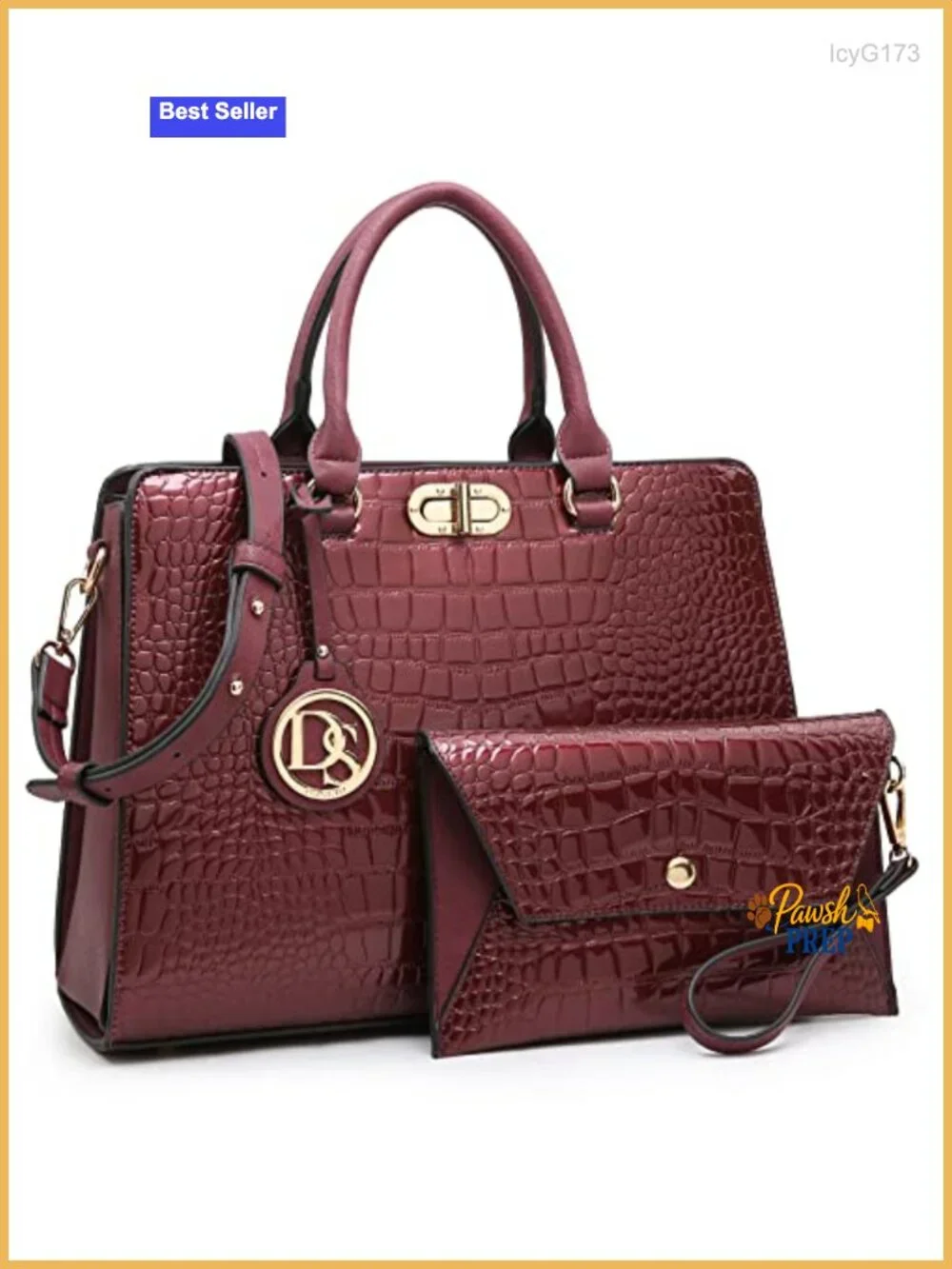 Vegan Leather Satchel Tote with Matching Clutch, Gold Hardware, Work Purse